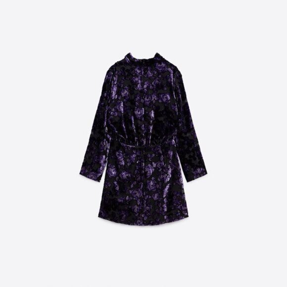NWOT Zara purple & black velvet-like trim floral peek-a-boo sheer mini dress, S - Picture 7 of 14